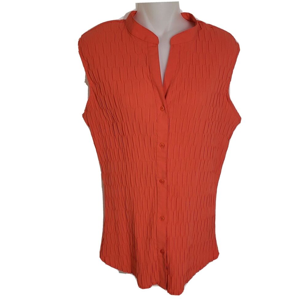 East 5th Womens Large Top Button Down Sleeveless Orange Crinkle Fabric Career